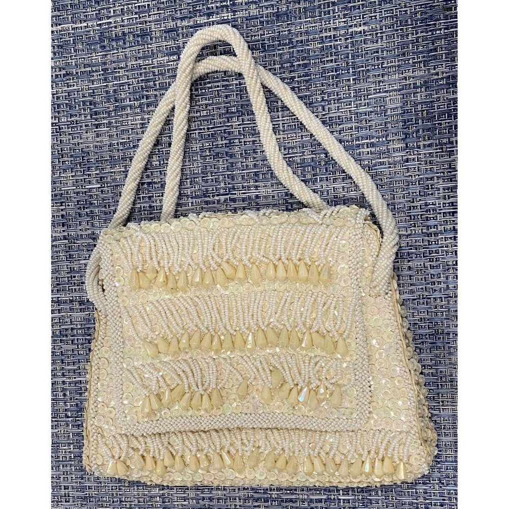 Vintage Richere Ivory White Beaded Evening Purse w/Matching Cigarette Case